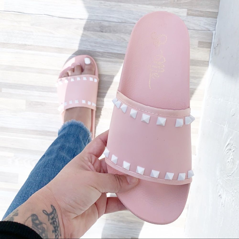 Pink Blush White Spiky Slides